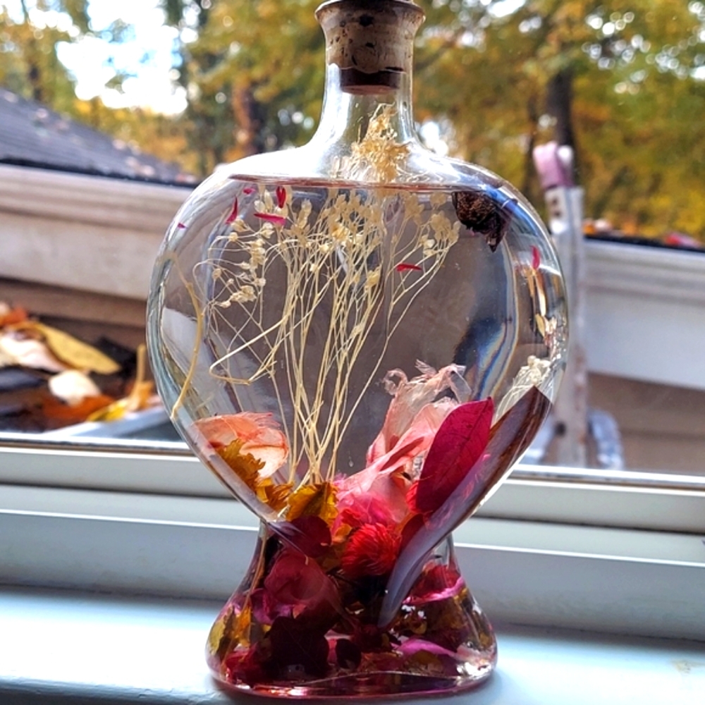 Vintage Dried Flowers Floating Oil Water Glass bottle Decor Art Ornament
